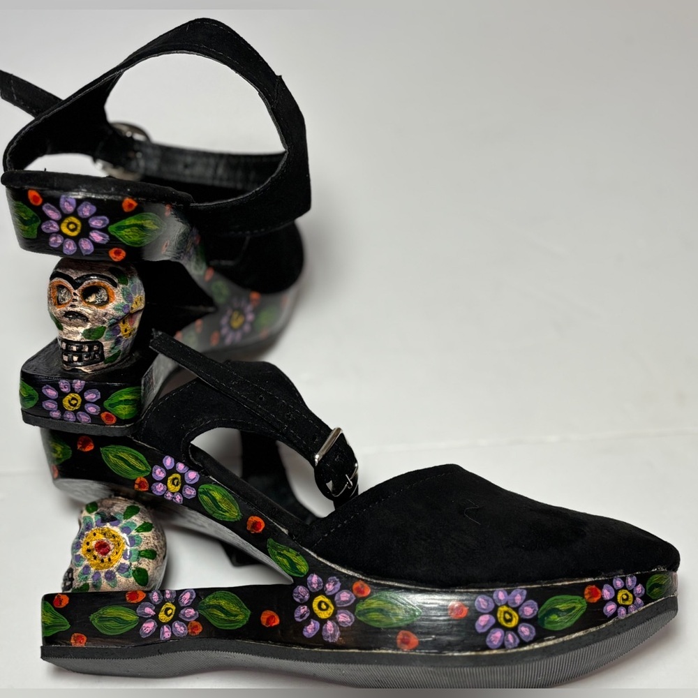 ONE OF A KIND Sugar Skull Mary Jane Handmade Wedge Platform Heel Punk Goth SZ7 - Picture 4 of 11